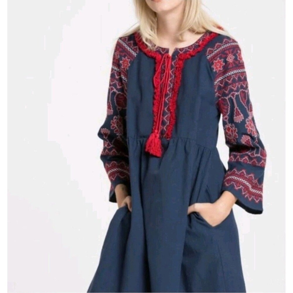 Anthropologie Free the Roses Embroidered Mini Boho Dress SMALL Babydoll Pockets